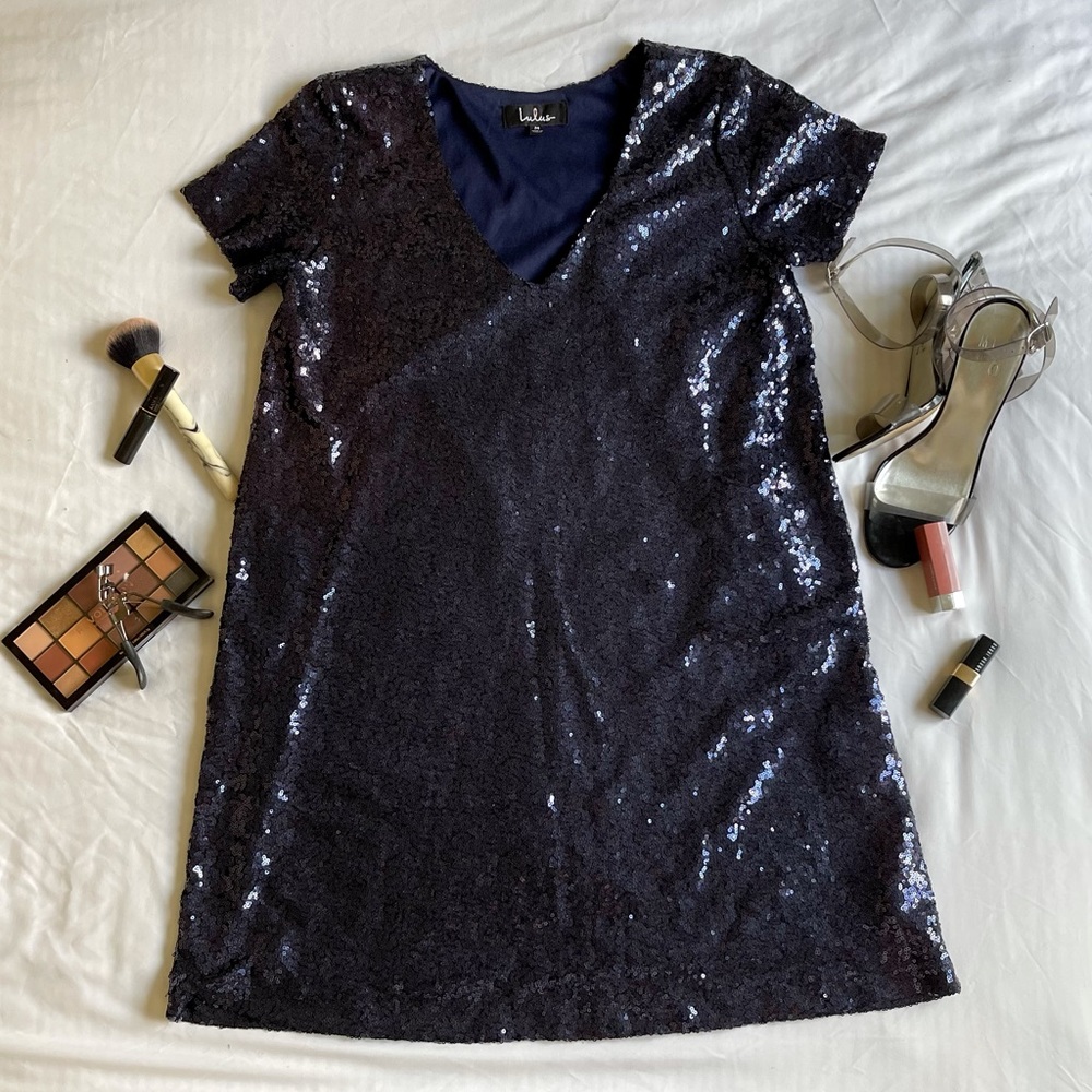 Light Up the Night Navy Blue Sequin Shift Dress